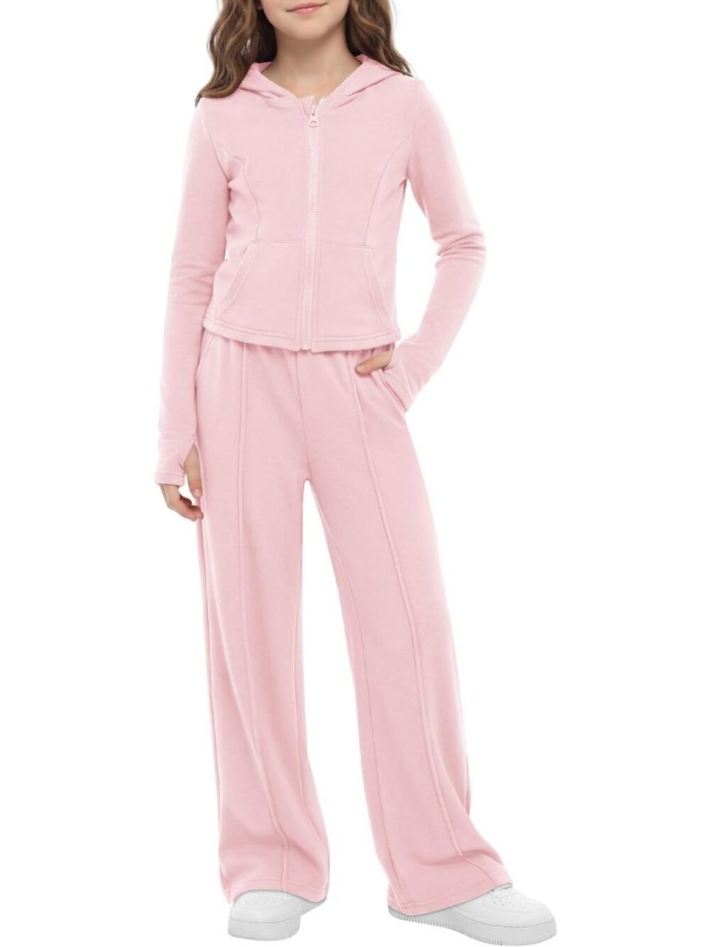 Trendy Girls 2-Piece Tracksuit Set: Zip-Up Hoodie & Wide Leg Sweatpants Outfit